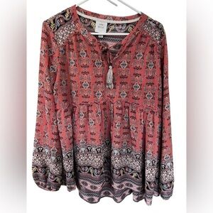 Knox Rose Pink Patterned Blouse with Tassel